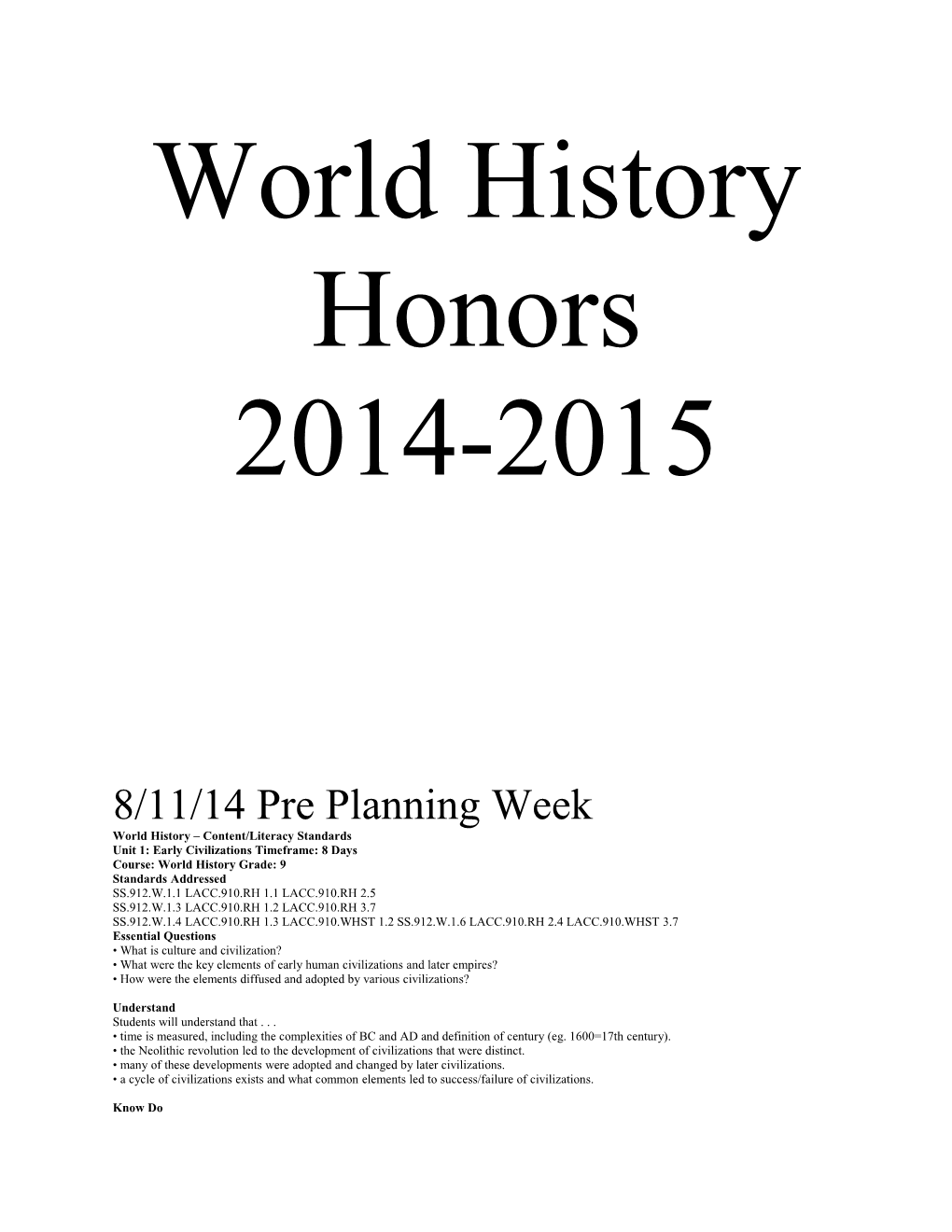 World History Content/Literacy Standards