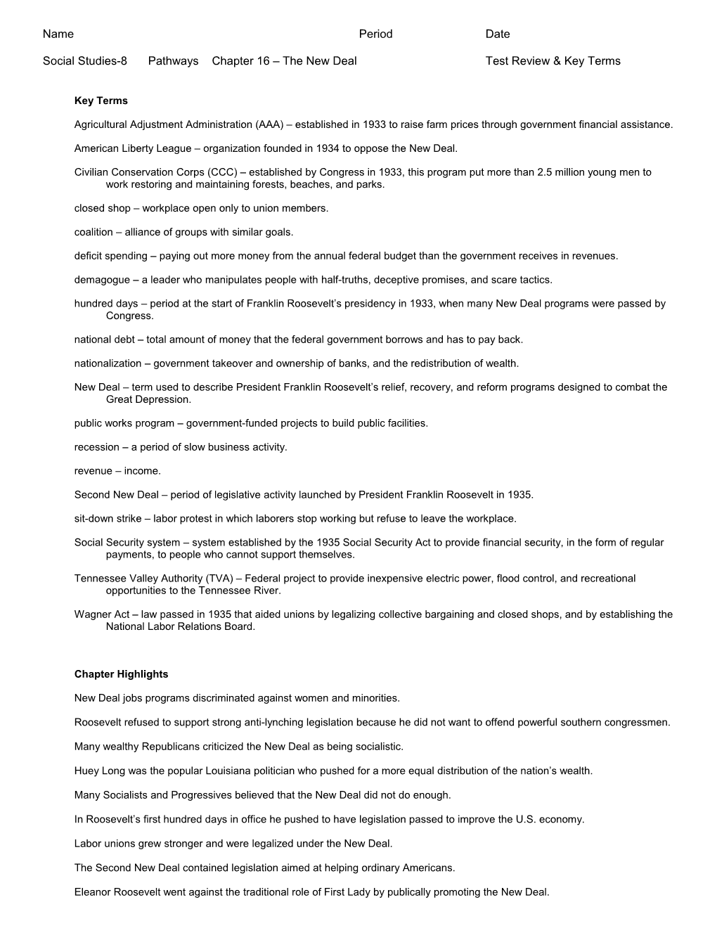 Social Studies-8 Pathways Chapter 16 the New Deal Test Review & Key Terms