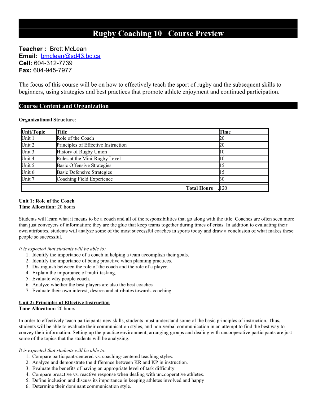 Rugby Coaching 10 Syllabus