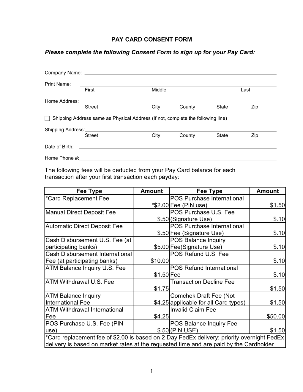 Pay Card Consent Form