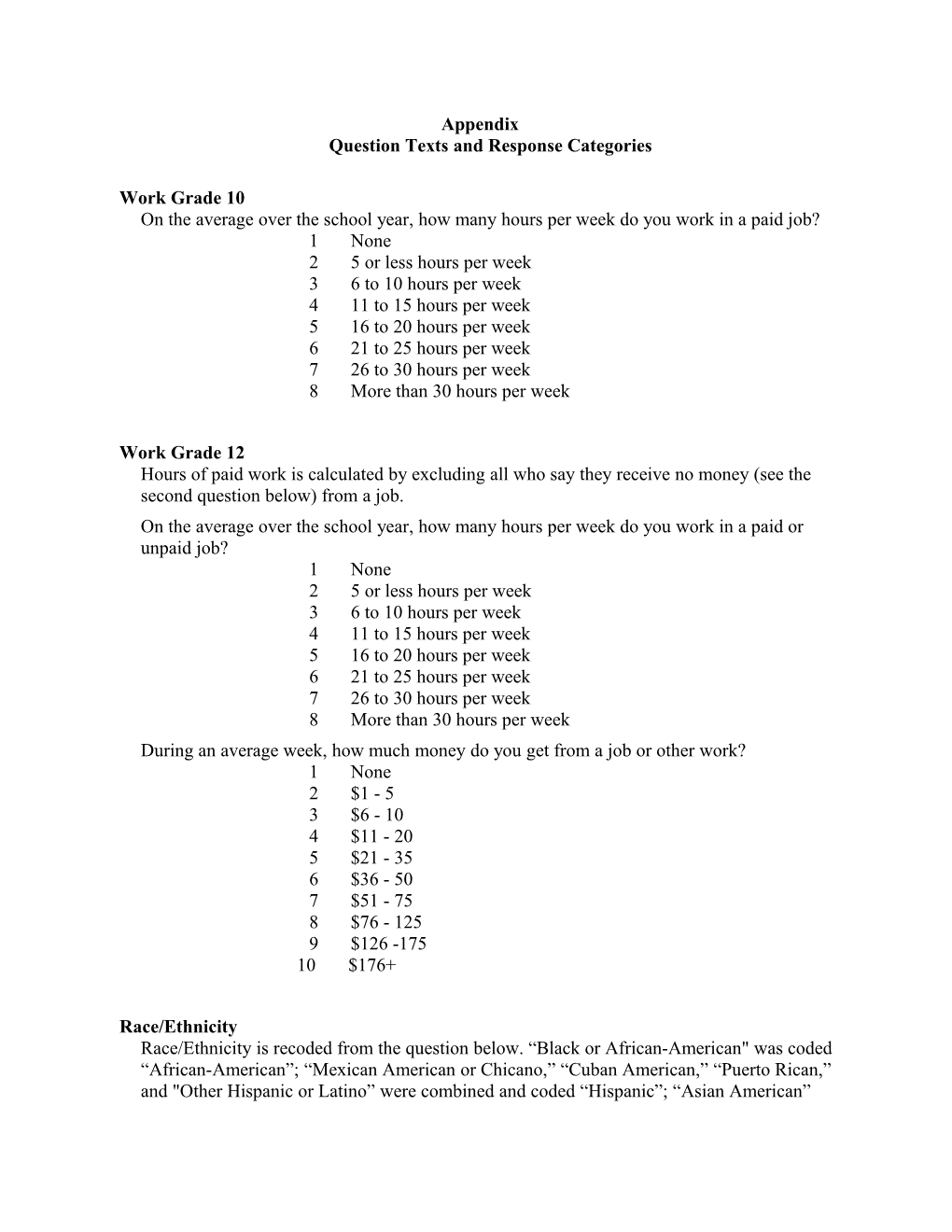 Question Texts and Response Categories