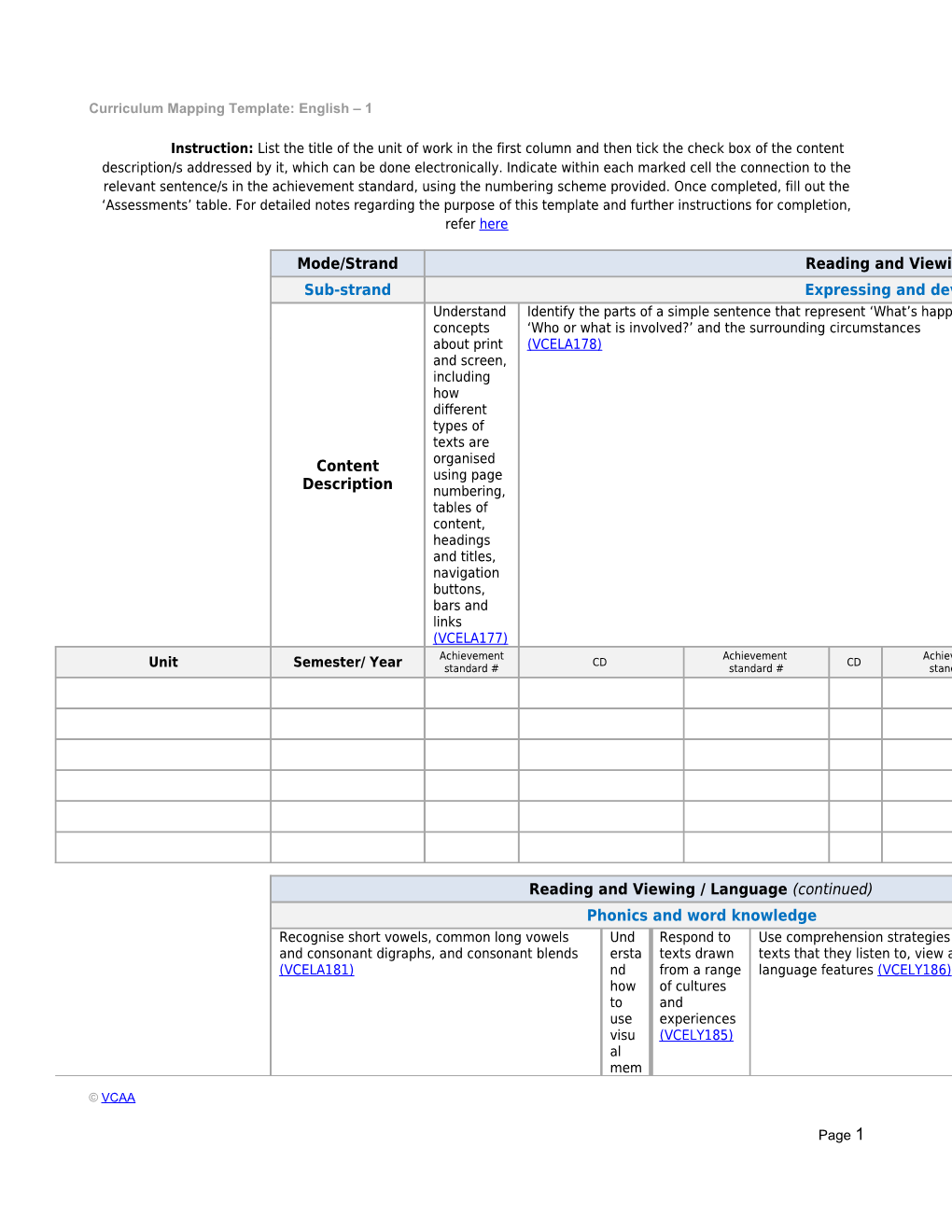 Curriculum Mapping Template: English 1
