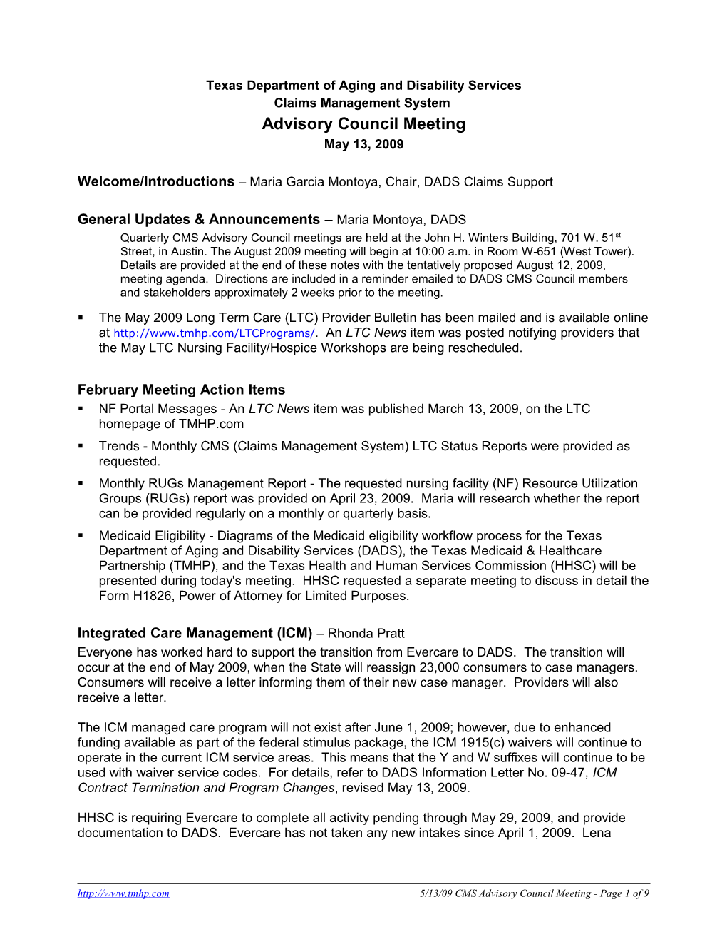 DADS CMS Advisory Council Minutes - May 2009