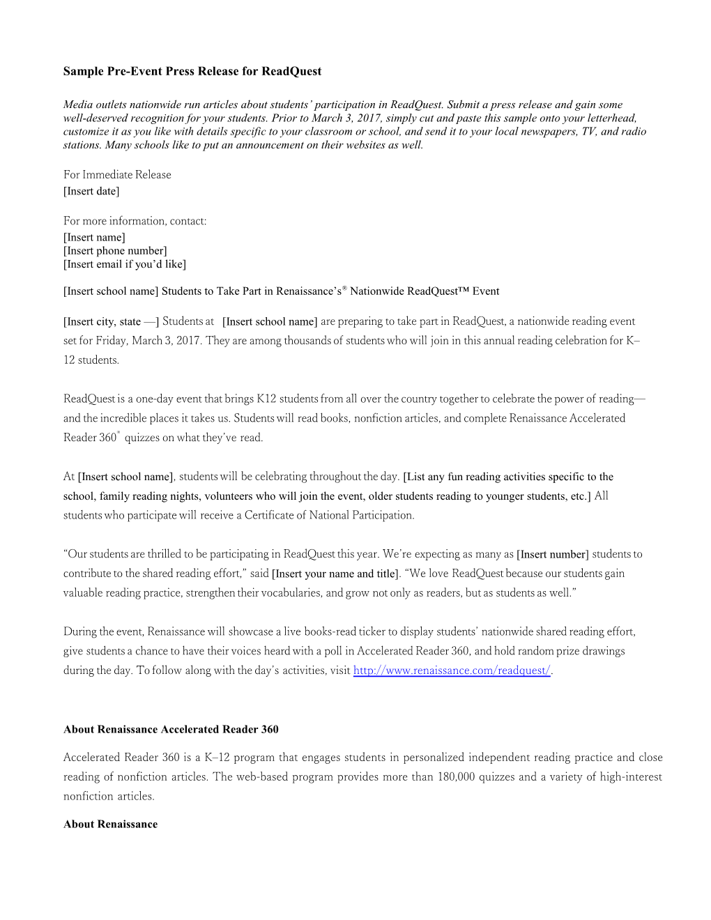 Sample Pre-Event Press Release for Readquest