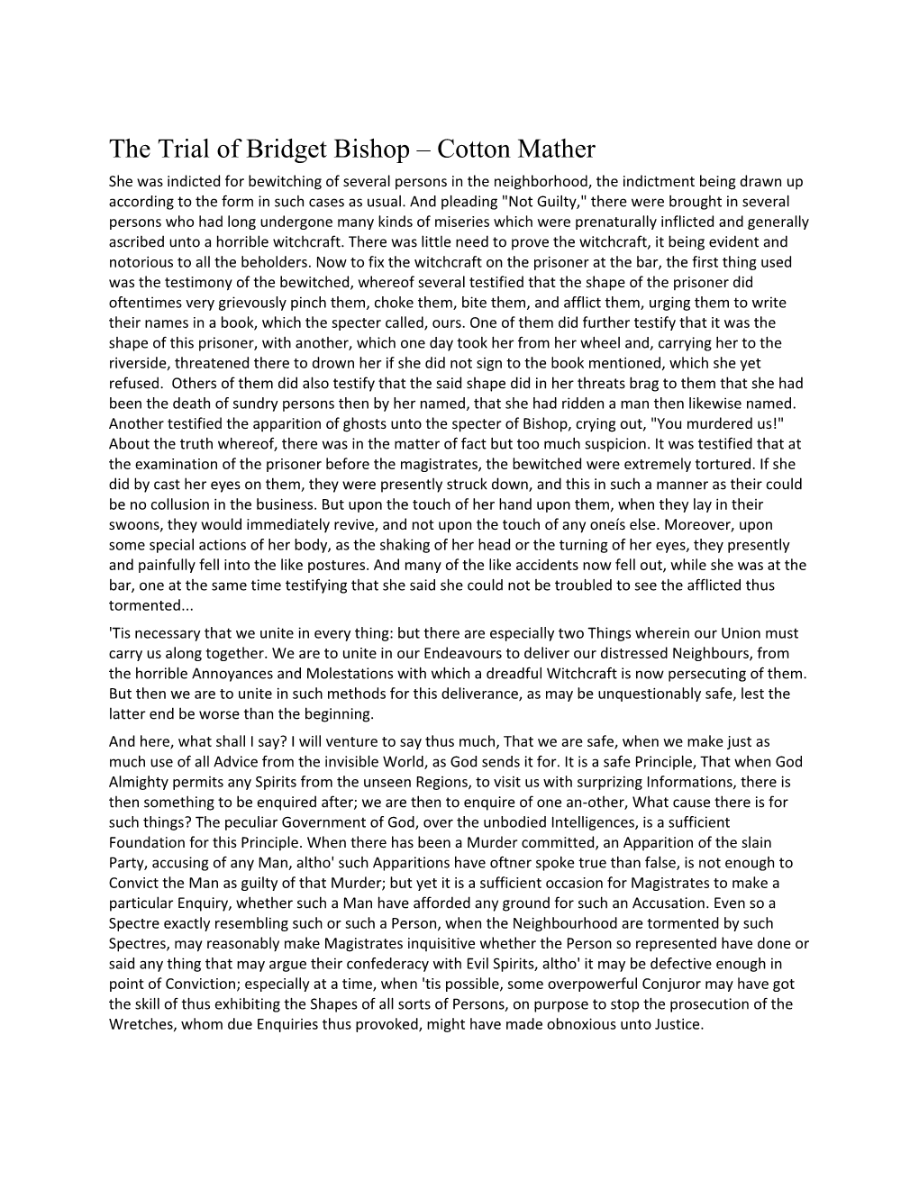 The Trial of Bridget Bishop Cotton Mather