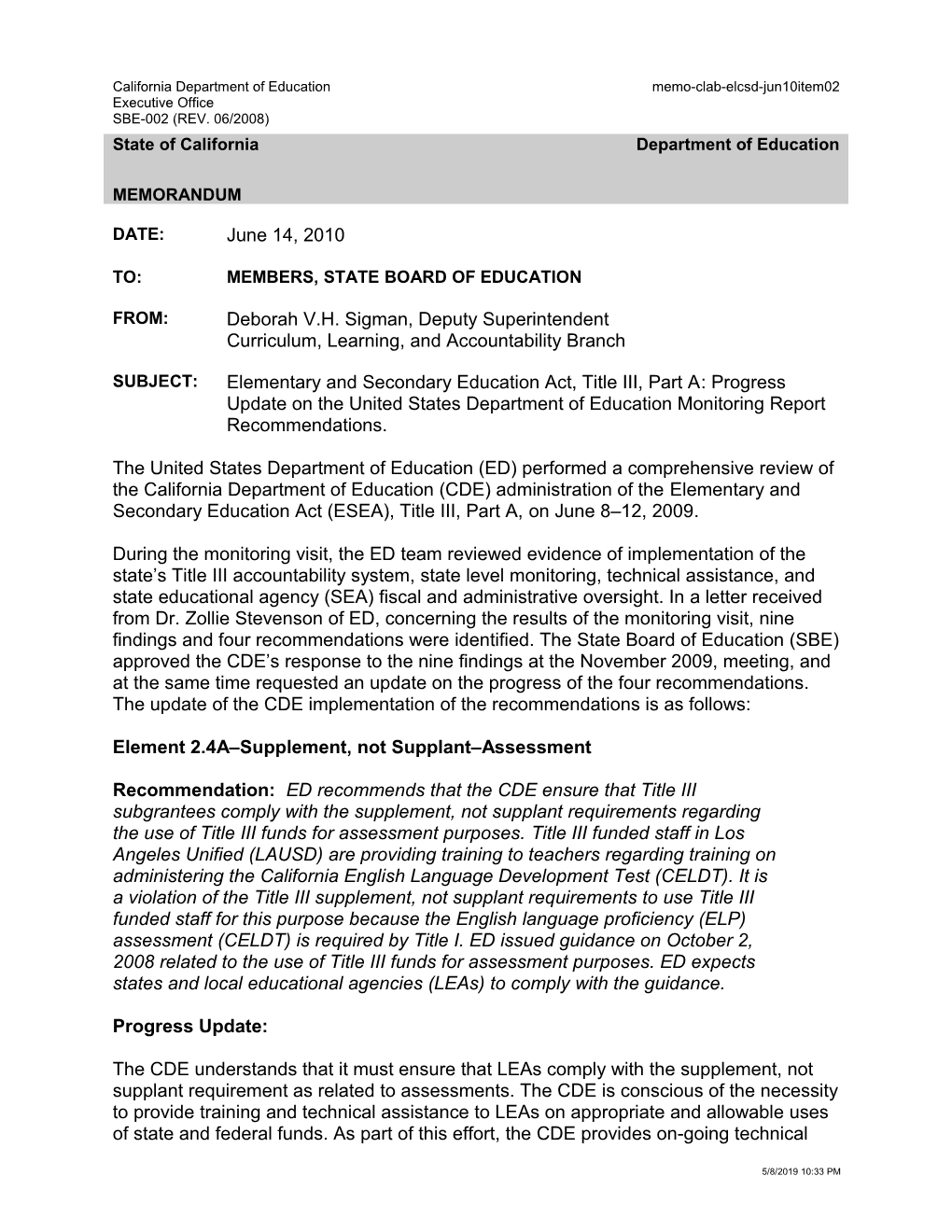 June 2010 Memorandum Item 09 - Information Memorandum (CA State Board of Education)