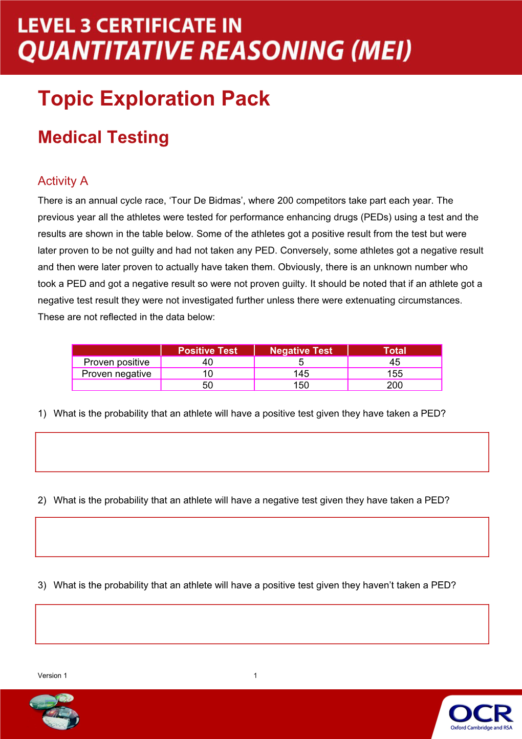 Level 3 Certificate in Quantitative Reasoning (MEI) Topic Exploration Pack (Medical Testing)