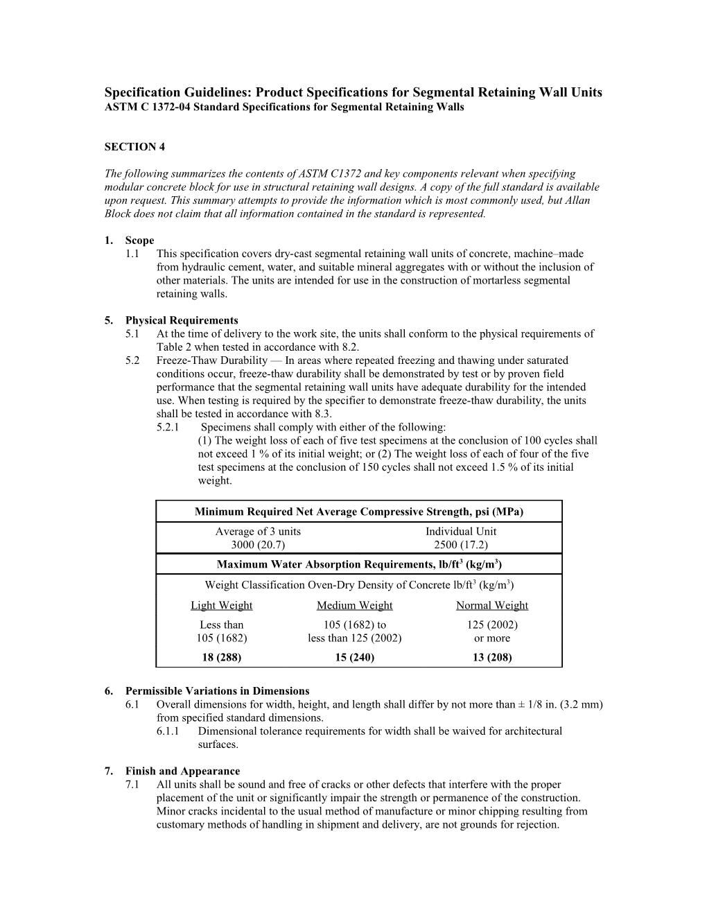 Specification Guidelines: Product Specifications for Segmental Retaining Wall Units