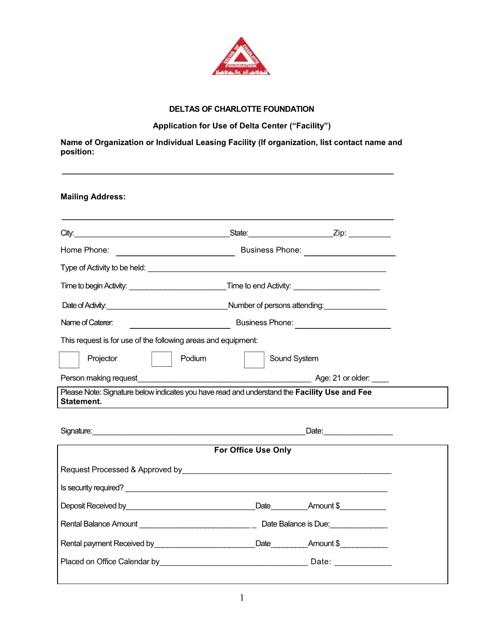 Application for Use of Delta Center ( Facility )