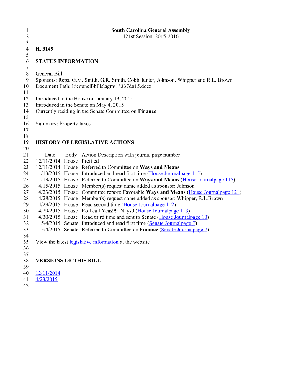 2015-2016 Bill 3149: Property Taxes - South Carolina Legislature Online