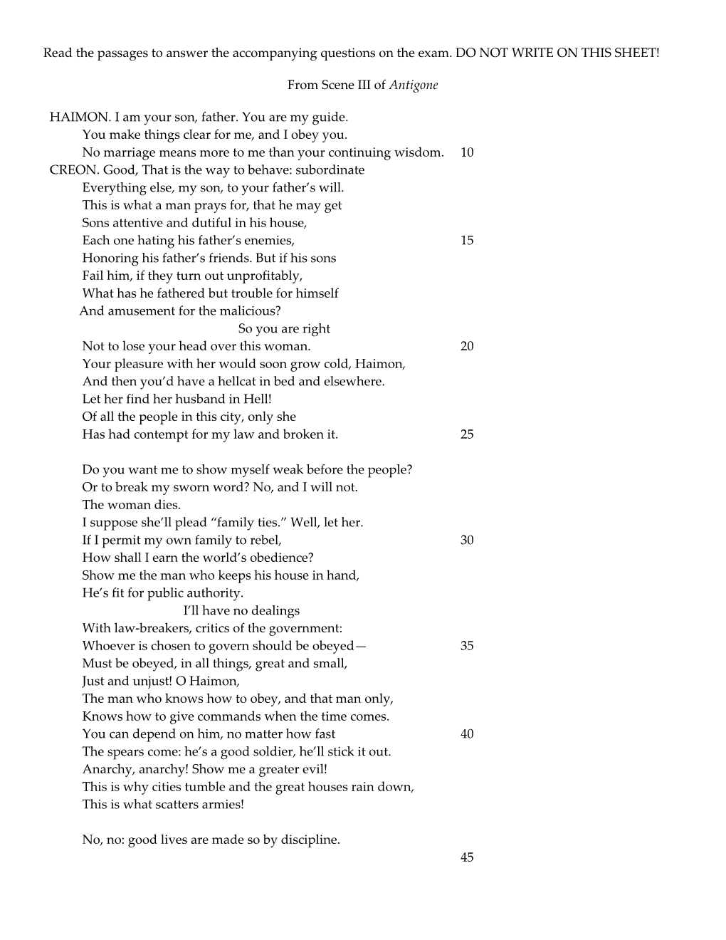 Read the Passages to Answer the Accompanying Questions on the Exam. DO NOT WRITE on THIS SHEET!