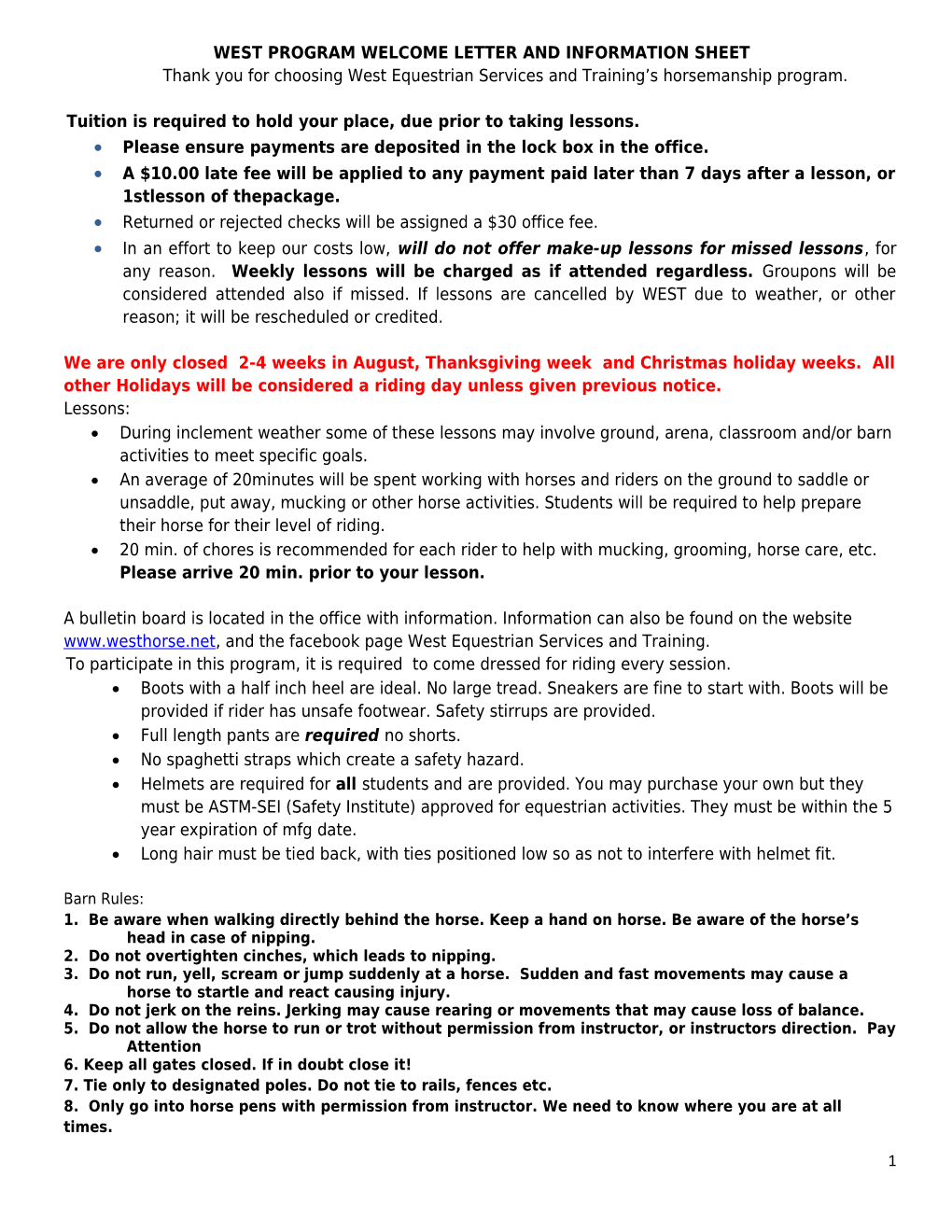 West Program Welcome Letter and Information Sheet