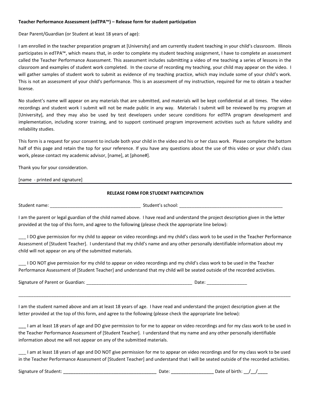 Teacher Performance Assessment (Edtpa ) Release Form for Student Participation