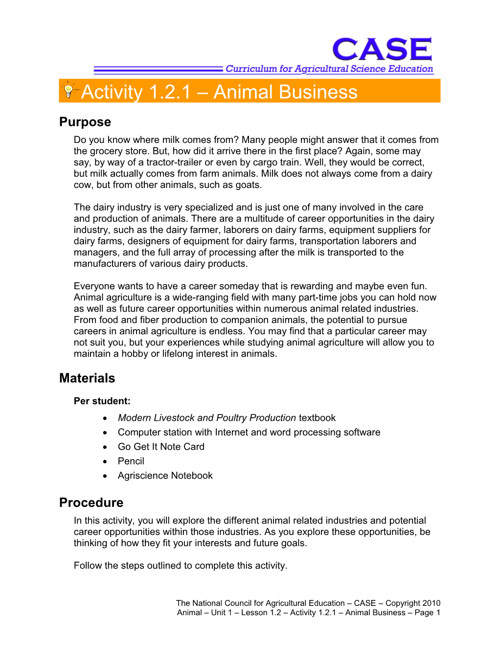 Activity 1.2.1 Animal Business