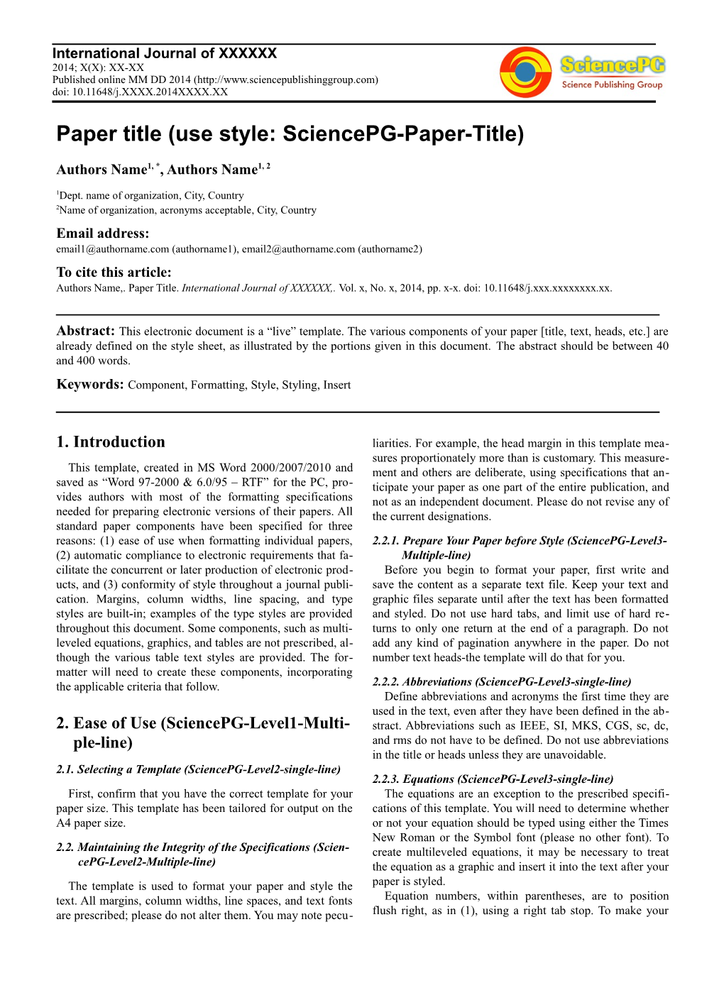 Paper Title (Use Style: Sciencepg-Paper-Title)