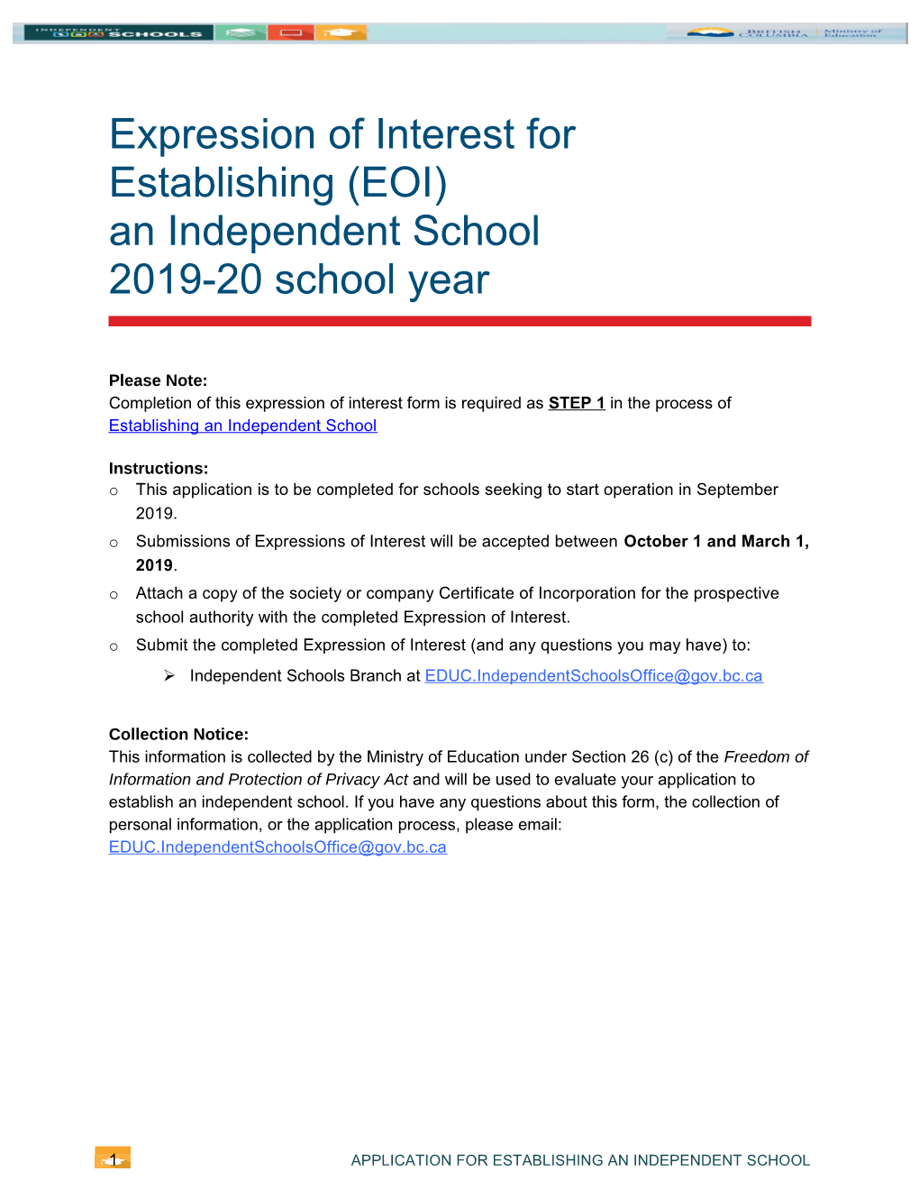 Expression of Interest for Establishing (EOI) an Independent School 2019-20 School Year