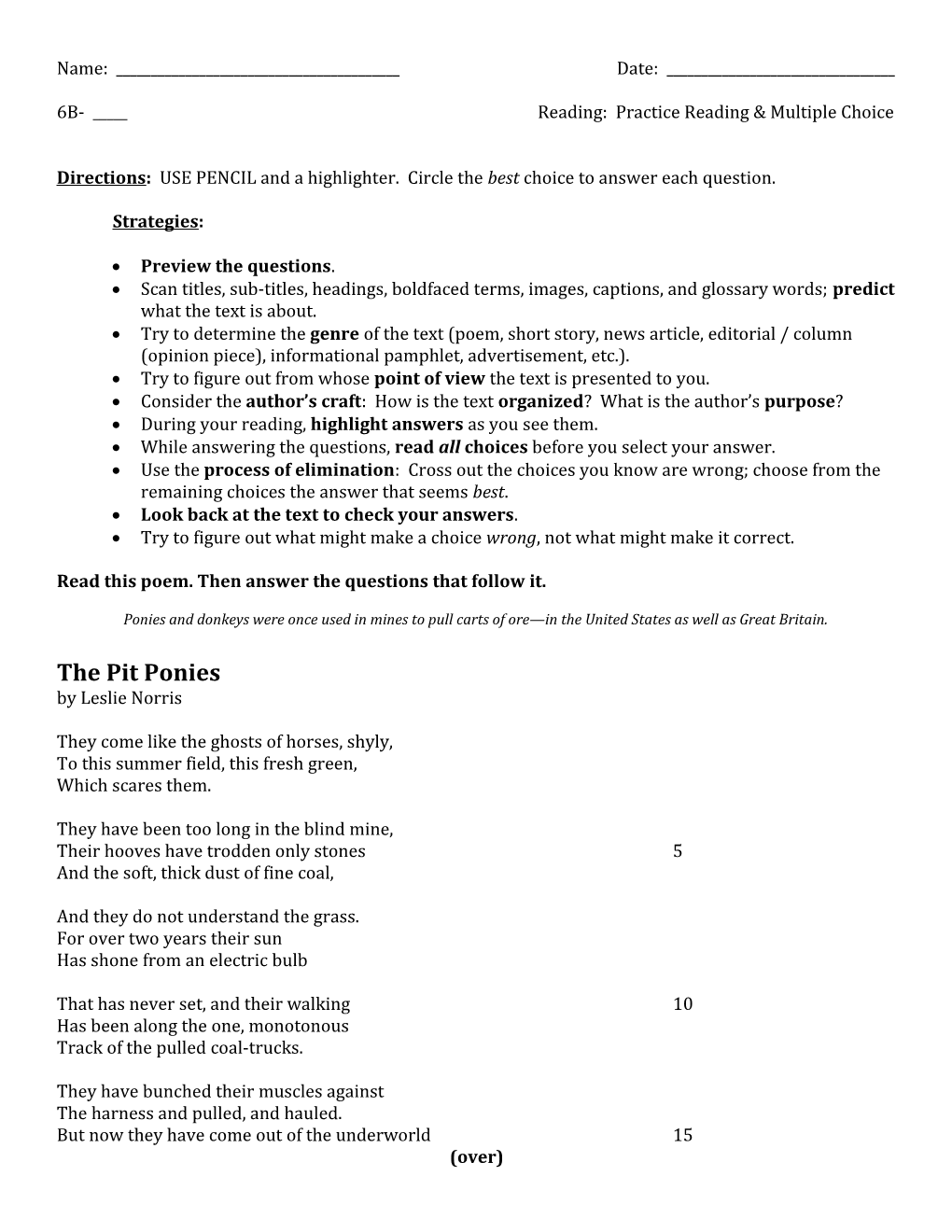 6B- _____ Reading: Practice Reading & Multiple Choice