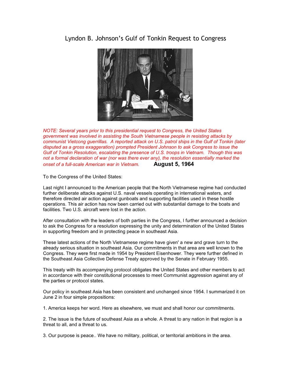 Lyndon B. Johnson S Gulf of Tonkin Request to Congress