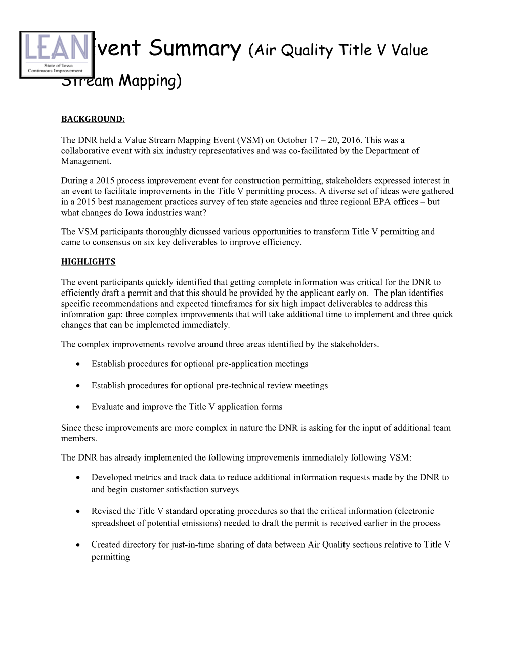 Event Summary (Air Quality Title V Value Stream Mapping)