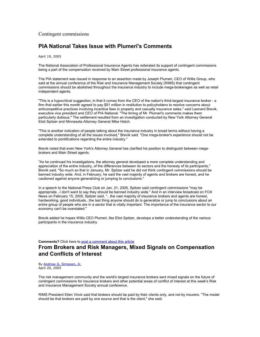 PIA National Takes Issue with Plumeri's Comments