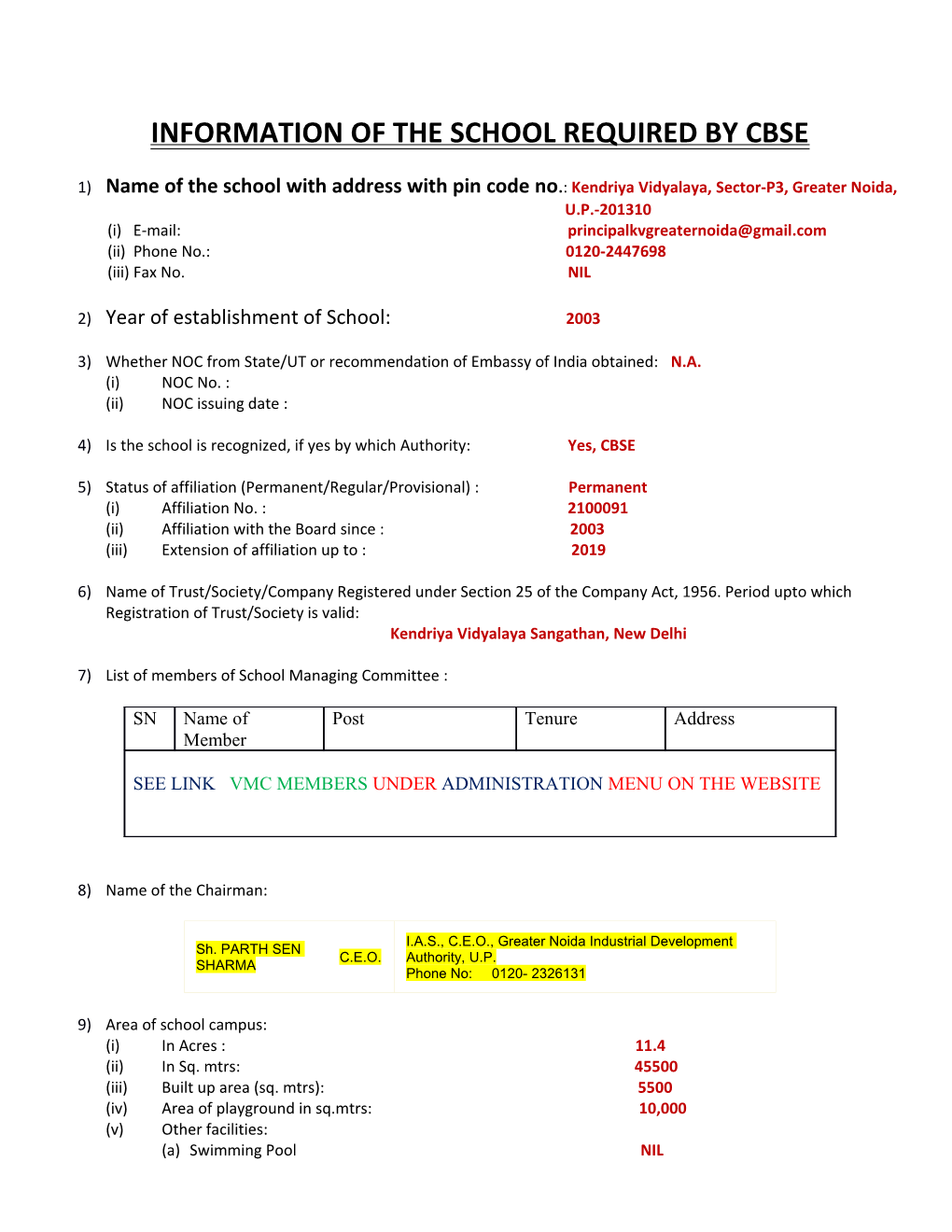 Information of the School Required by Cbse