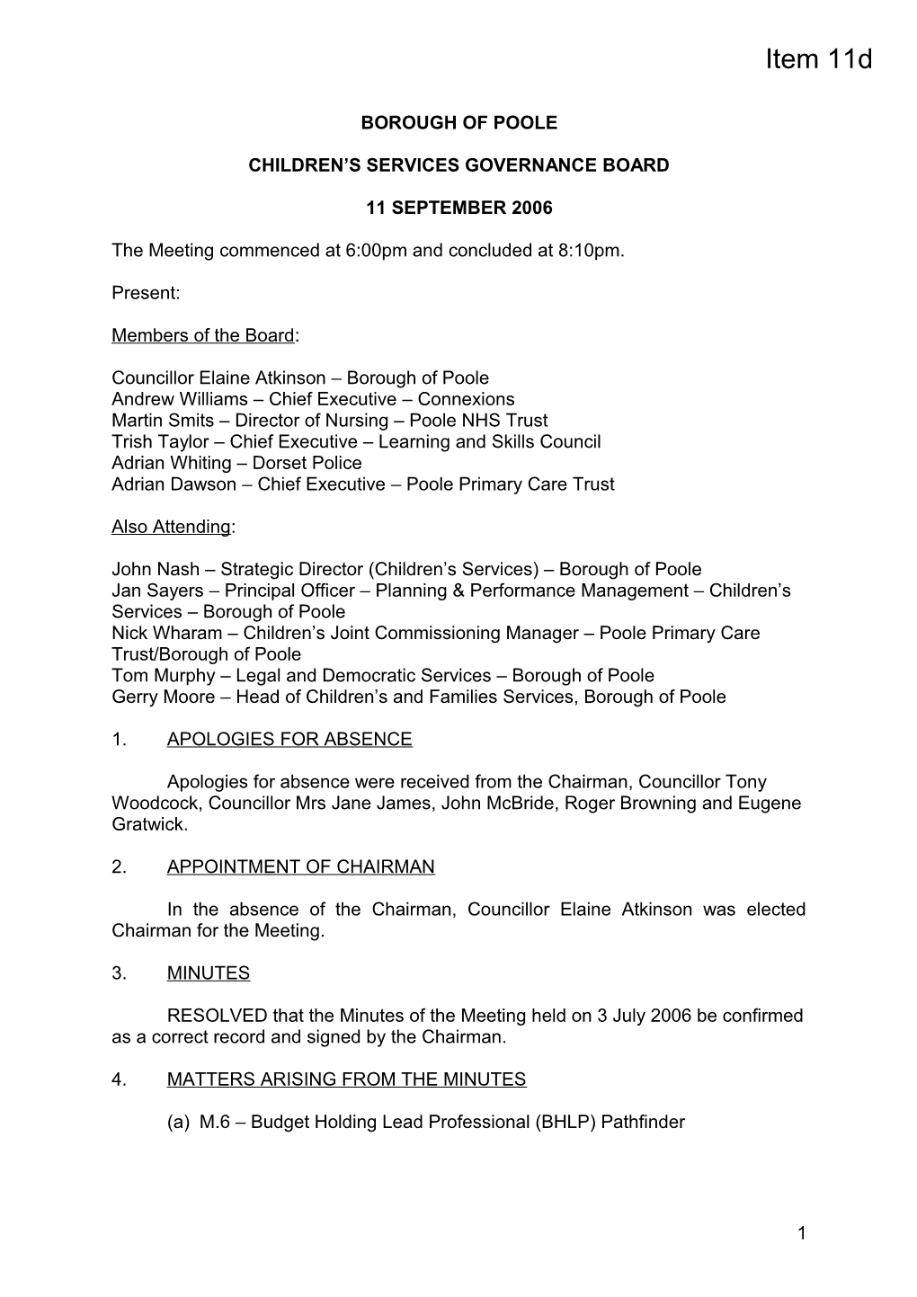 Minutes - Childrens Services Governance Board - 11 September 2006