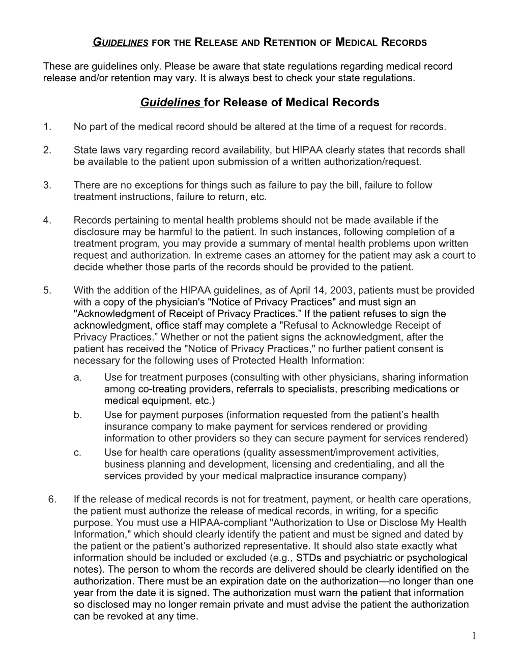 Guidelines for the Release and Retention of Medical Records