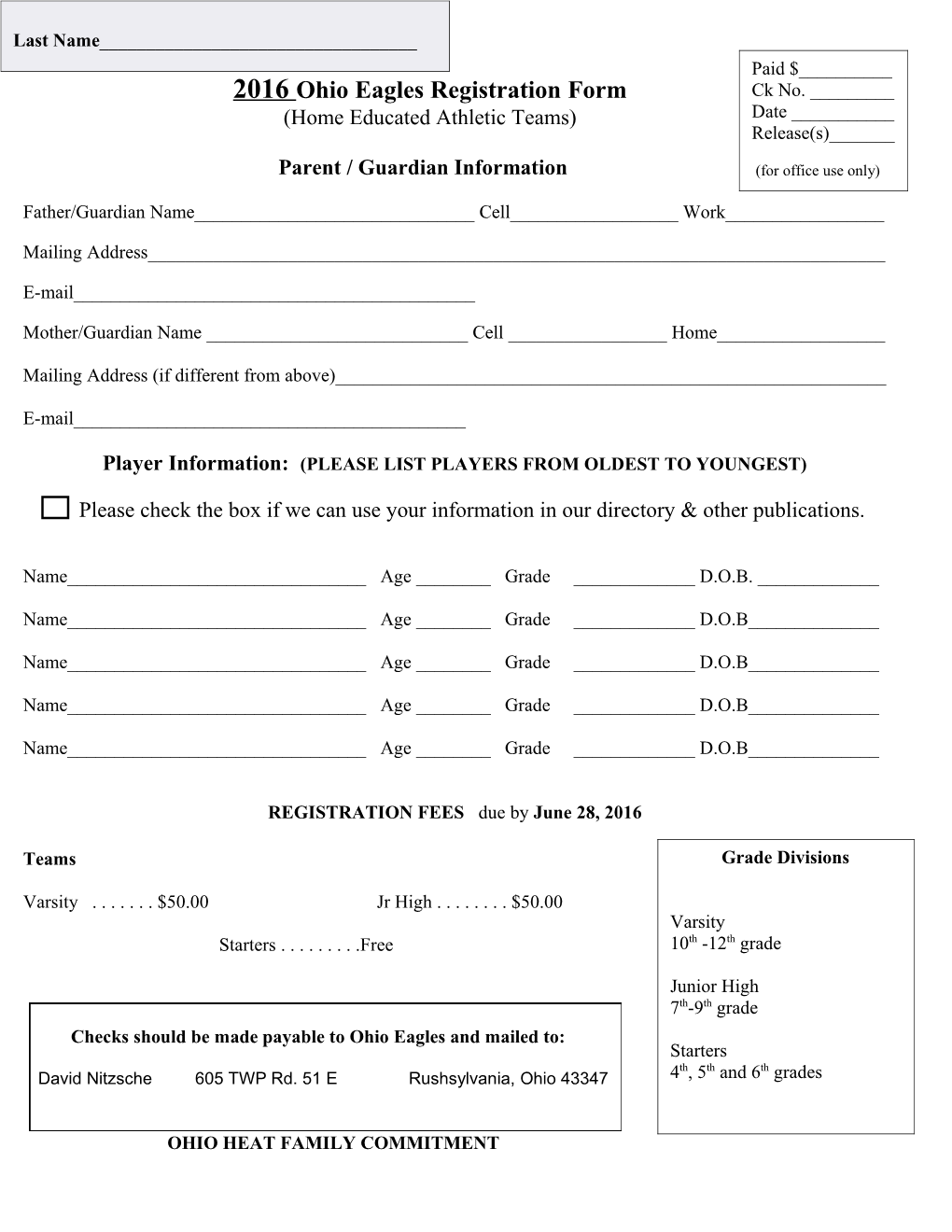 2016 Ohio Eagles Registration Form