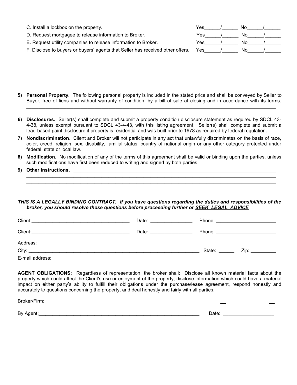 Agency Agreement Owner - South Dakota (Listing Agreement)