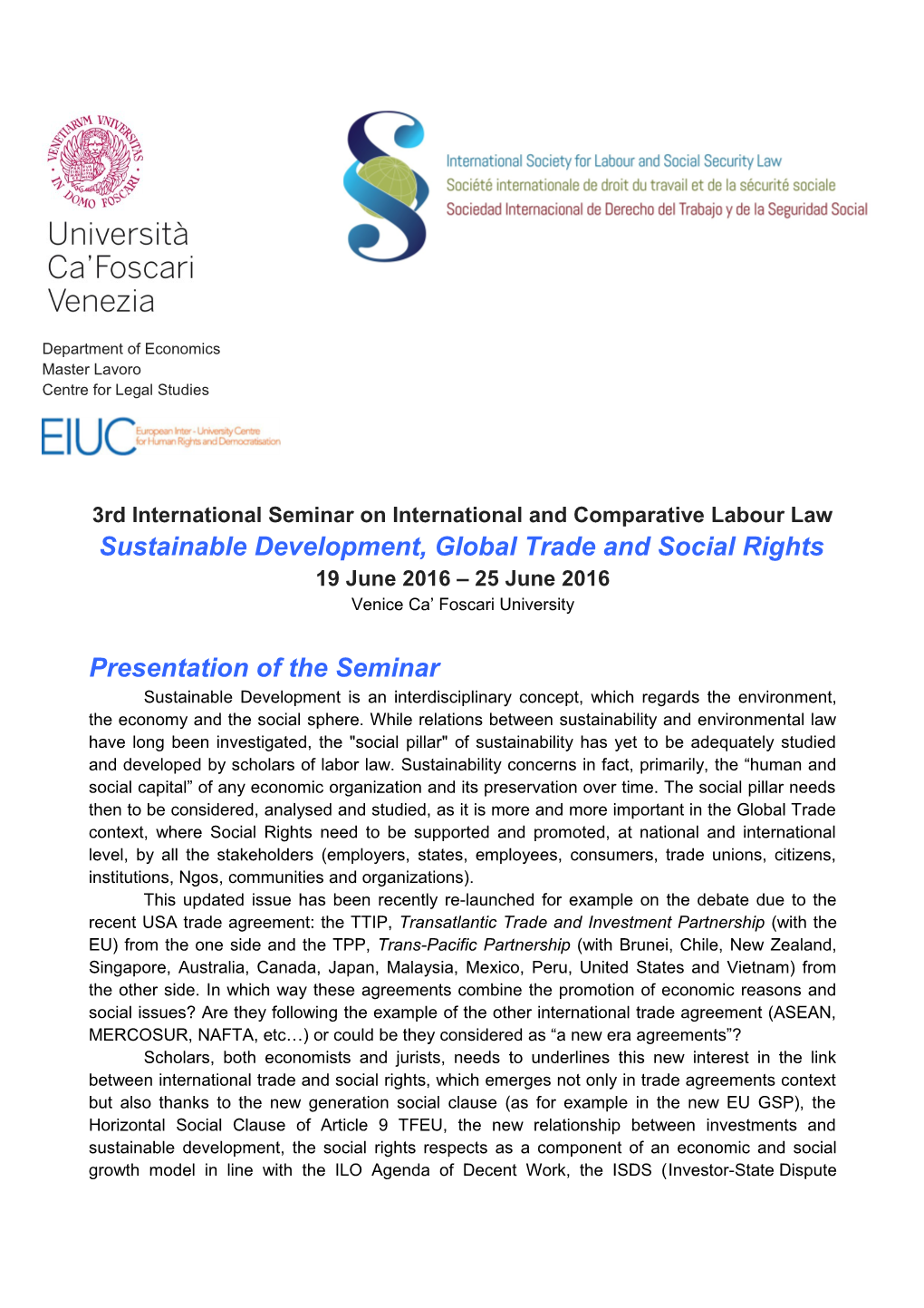 3Rd International Seminar on International and Comparative Labour Law