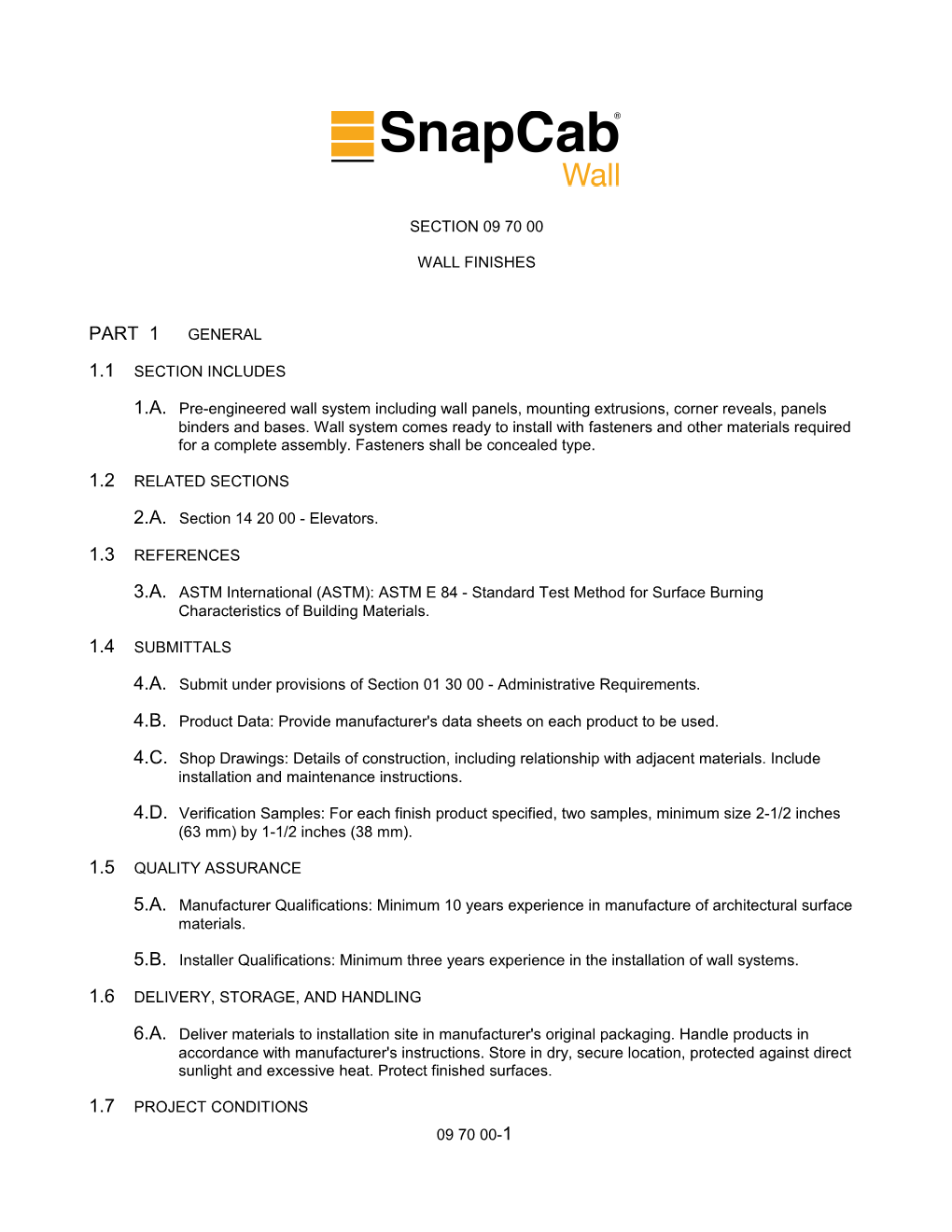 Snapcab Wall Panel Specification