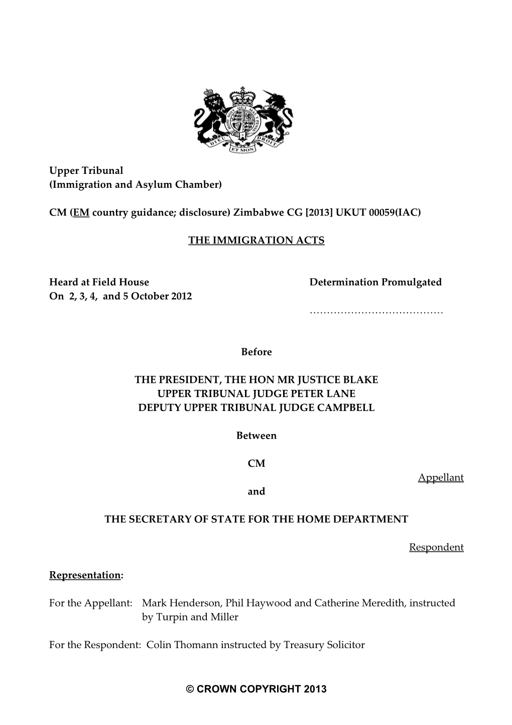 CM (EM Country Guidance; Disclosure)Zimbabwe CG 2013 UKUT 00059(IAC)