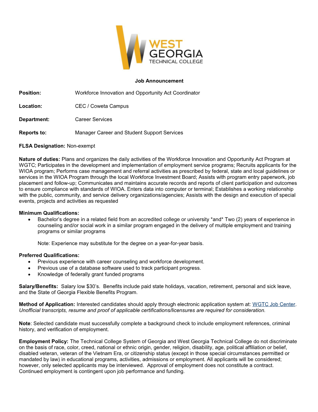 Position: Workforce Innovation and Opportunity Act Coordinator