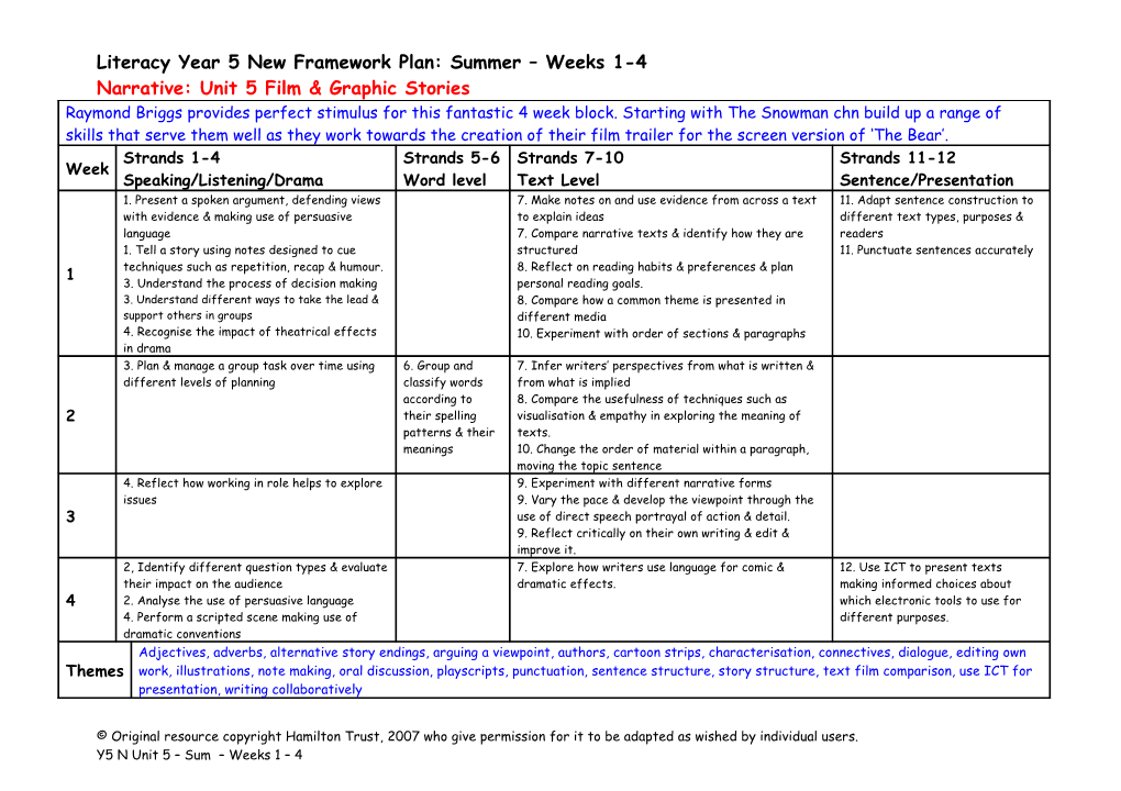 Literacy Year 5 New Framework Plan: Summer Weeks 1-4