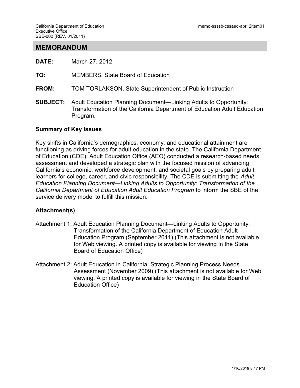 April 2012 Memorandum CSSAED Item 1 - Information Memorandum (CA State Board of Education)