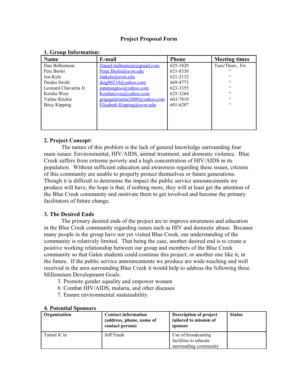 Project Team and General Project Description