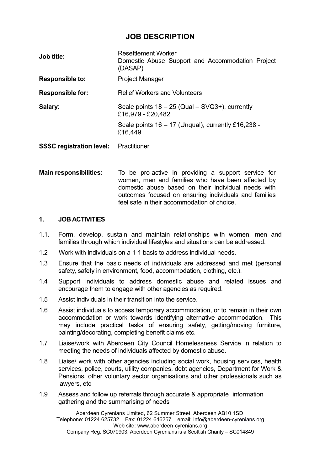 Job Description Resettlement Worker - DASAP2015