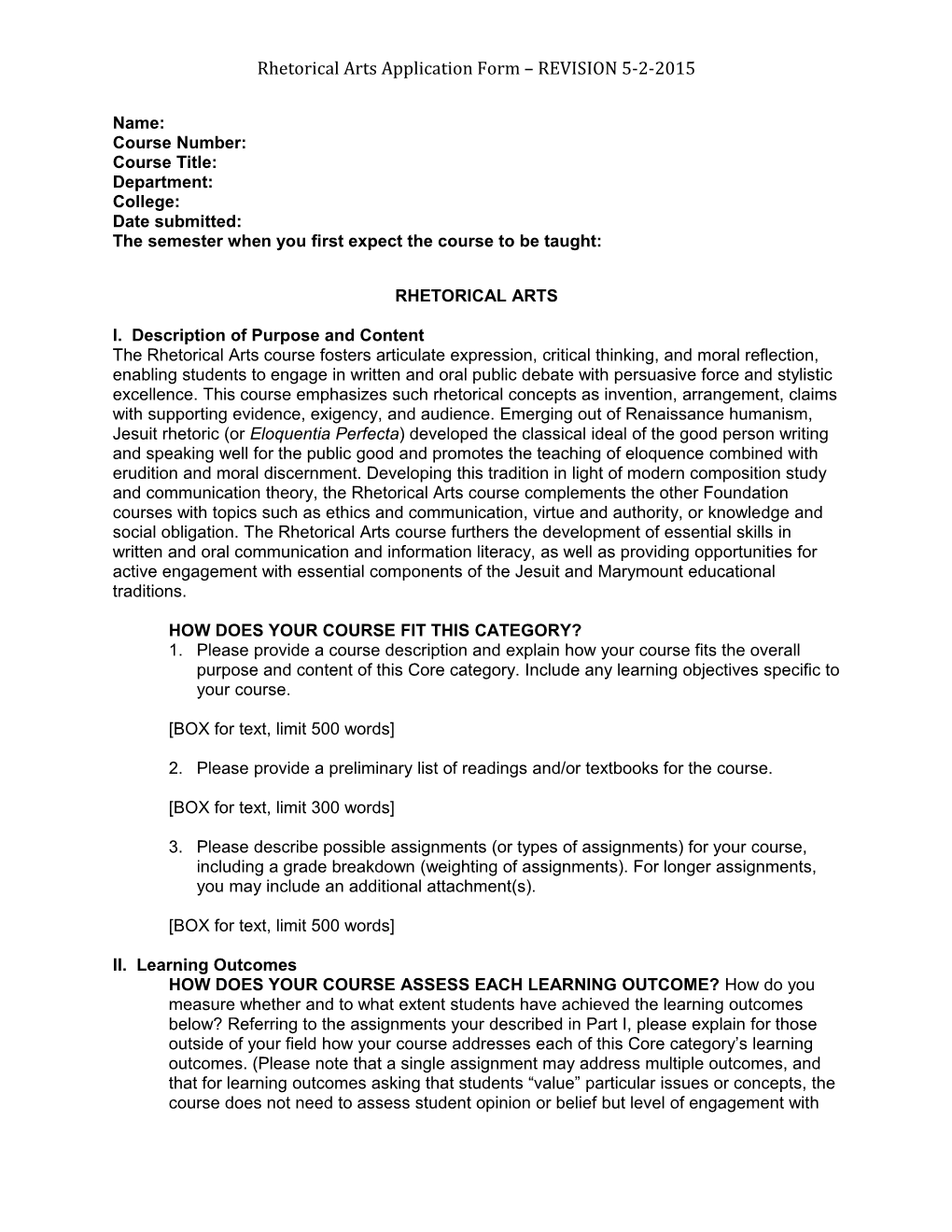 Rhetorical Arts Application Form REVISION 5-2-2015