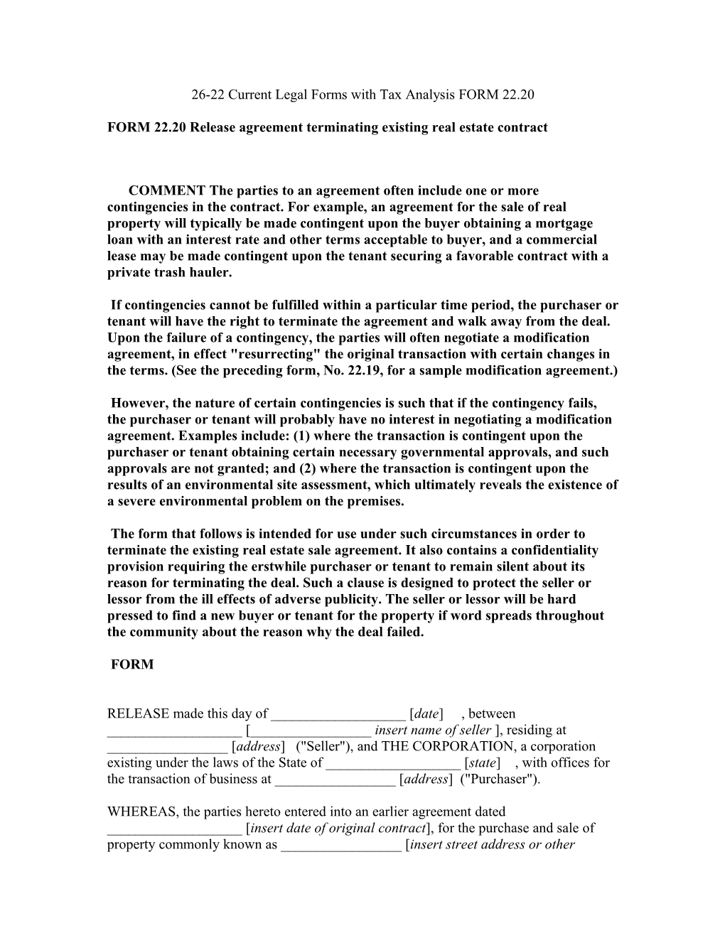 26-22 Current Legal Forms with Tax Analysis FORM 22