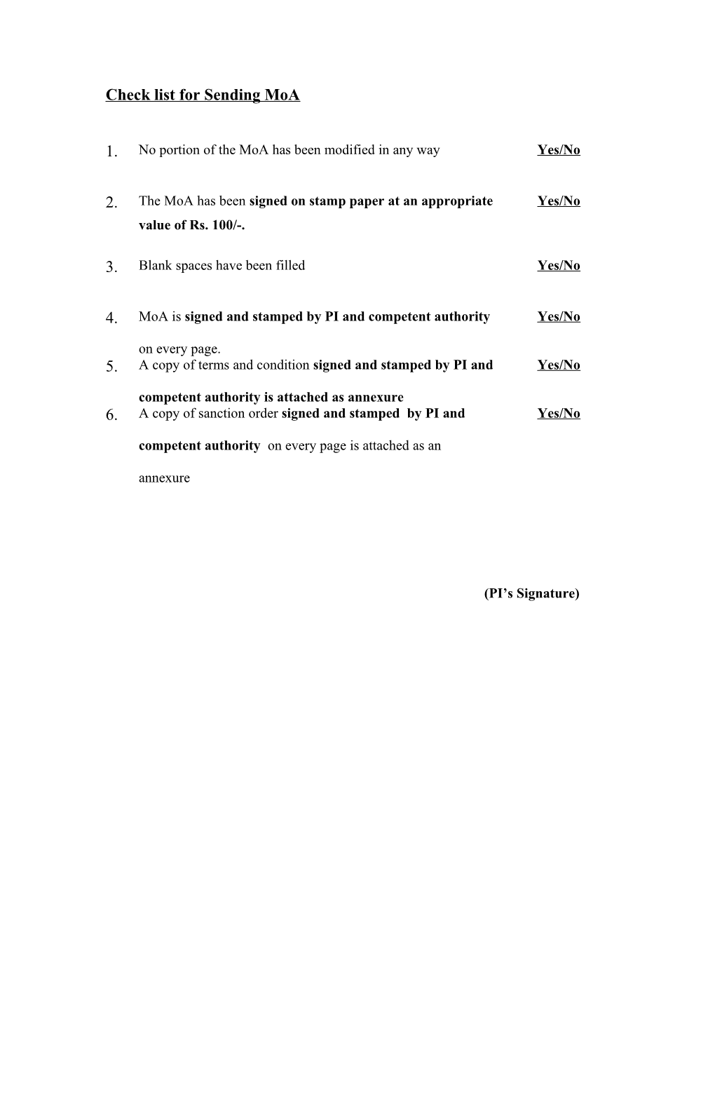 Check List for Sending Moa