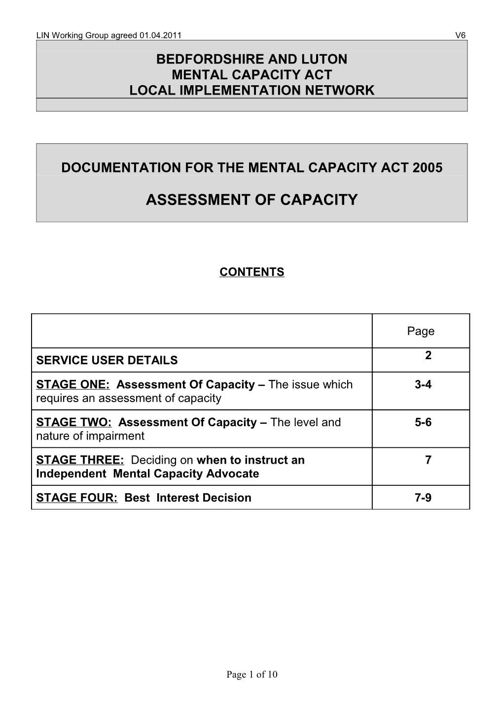 Mental Capacity Assessment Form