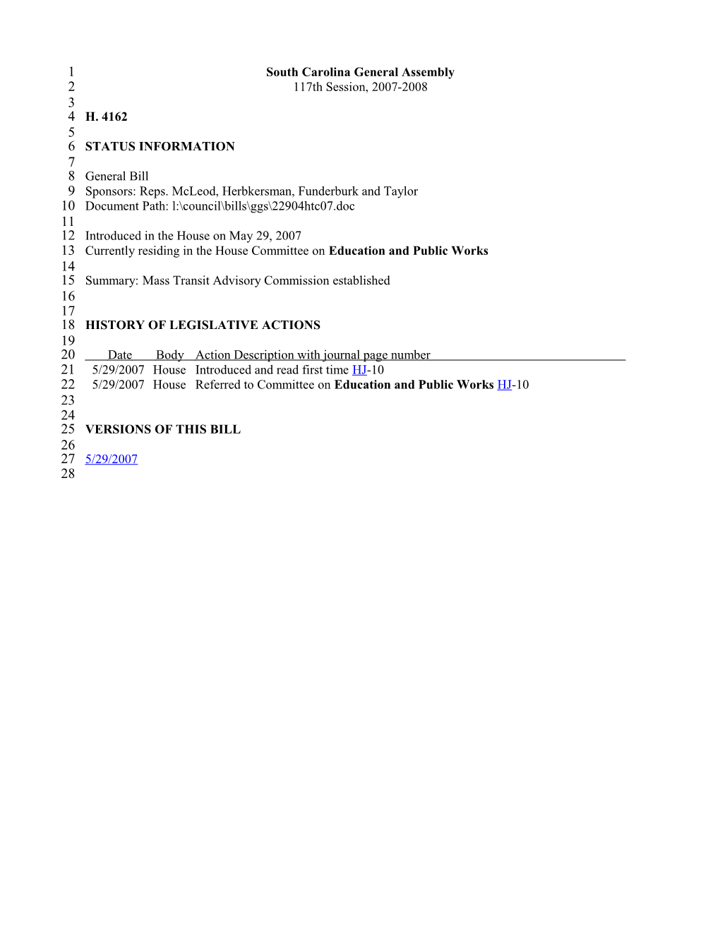 2007-2008 Bill 4162: Mass Transit Advisory Commission Established - South Carolina Legislature