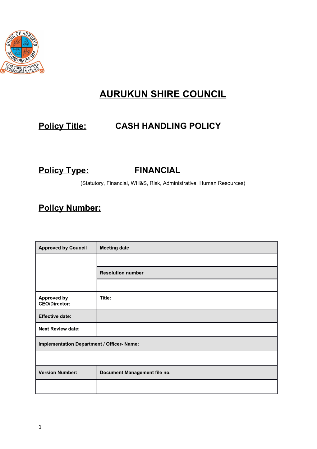 Policy Title:CASH HANDLING POLICY