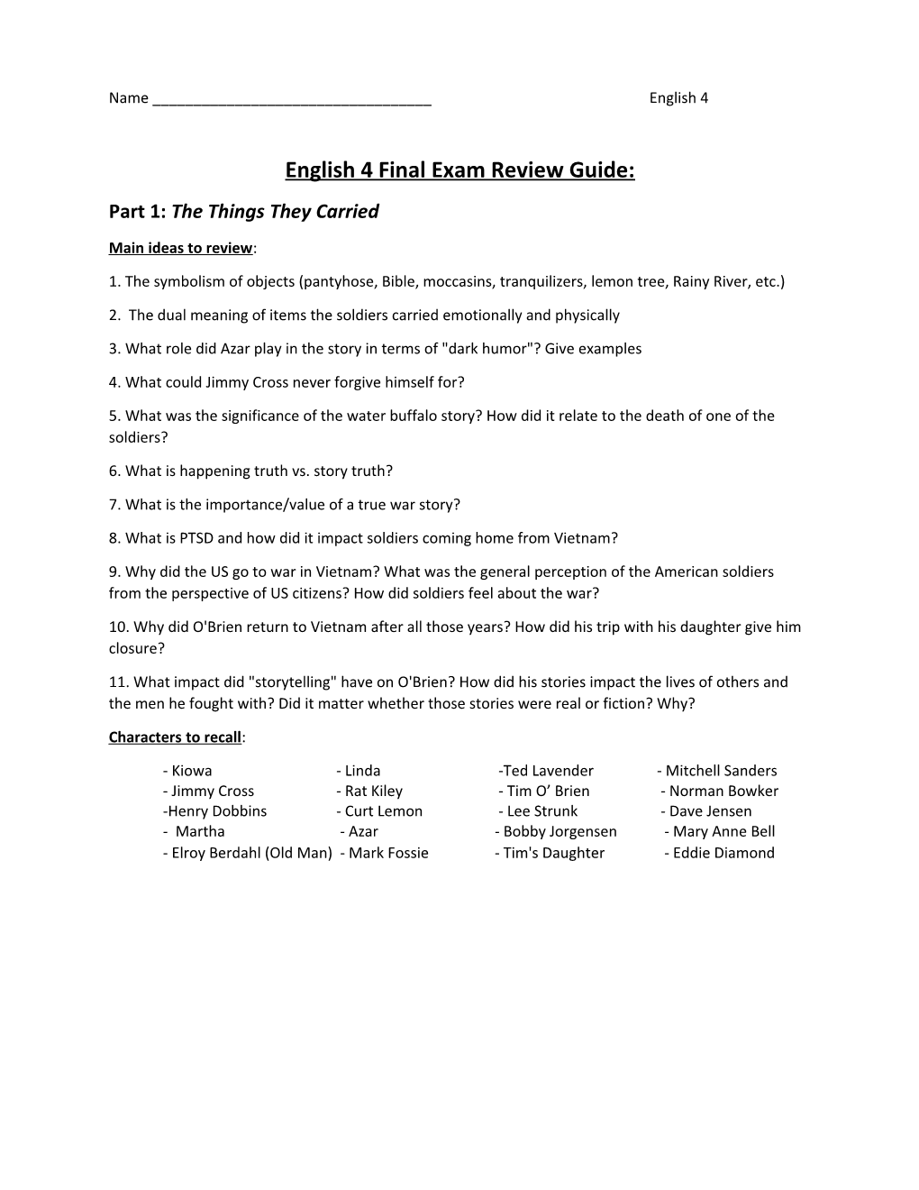 English 4 Final Exam Review Guide