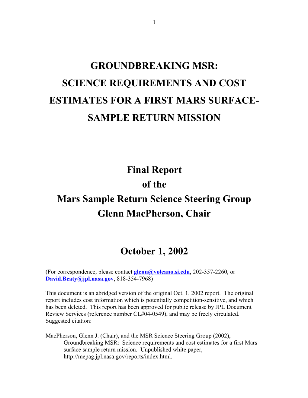 MSR SSG Final Report Outline