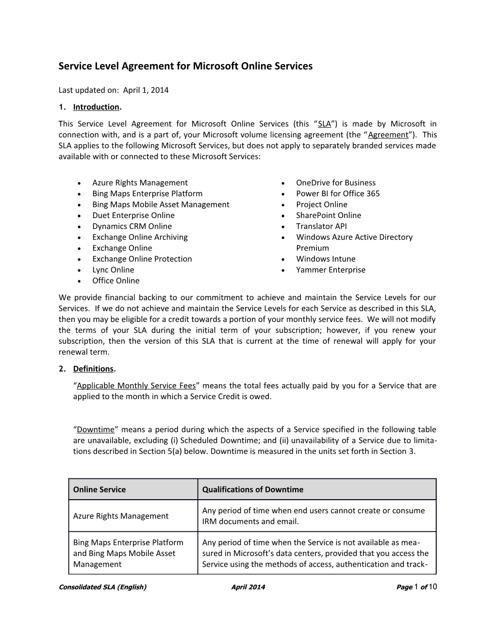 Service Level Agreement for Microsoft Online Services