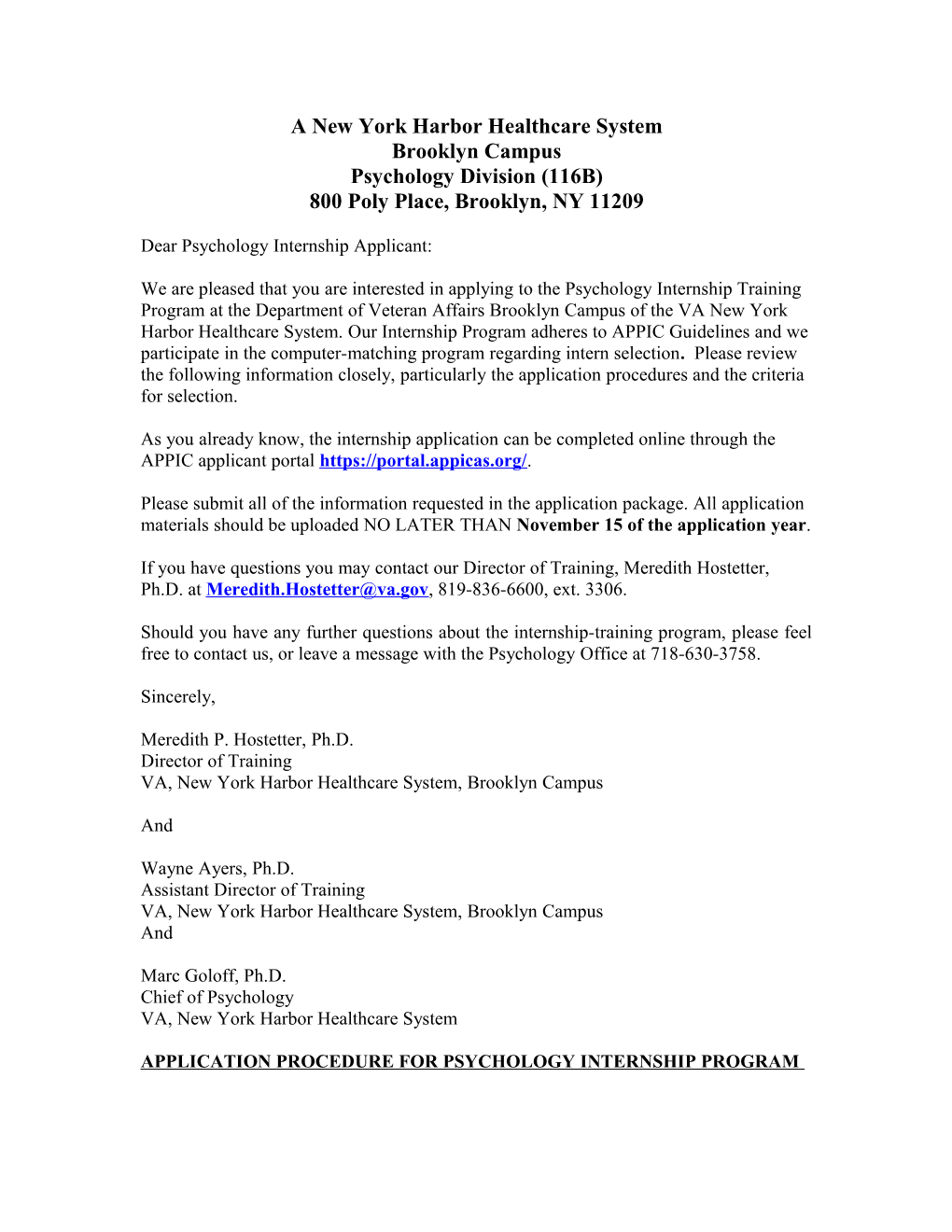 Psychology Internship Training Program at the Department of Veteran Affairs Brooklyn Campus