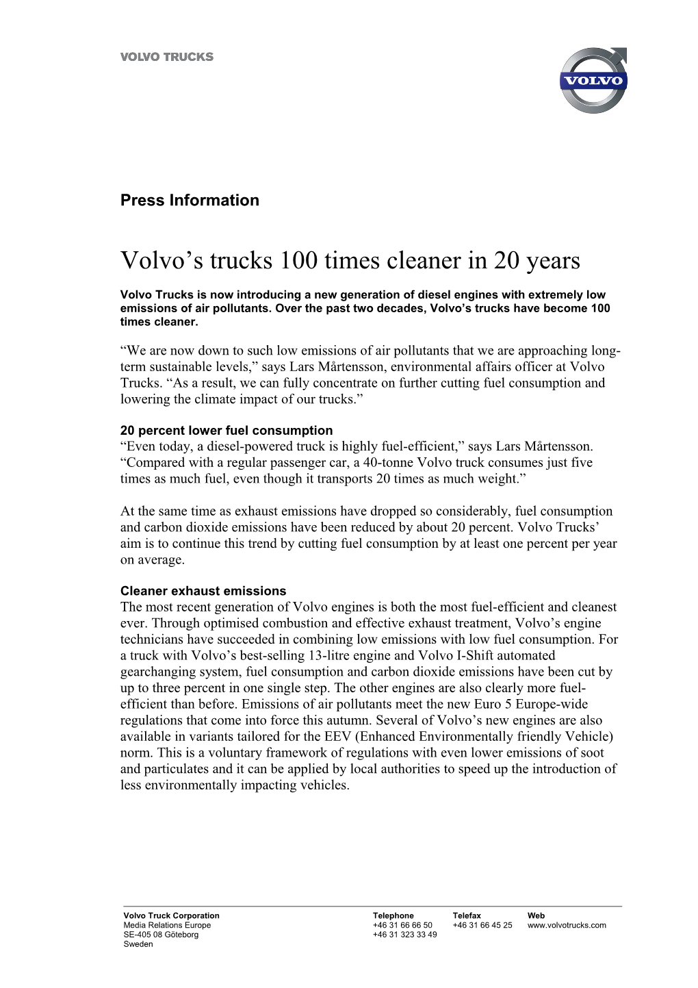 Volvo S Trucks 100 Times Cleaner in 20 Years