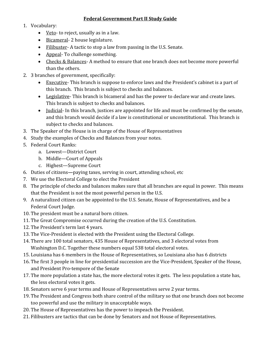 Federal Government Part II Study Guide