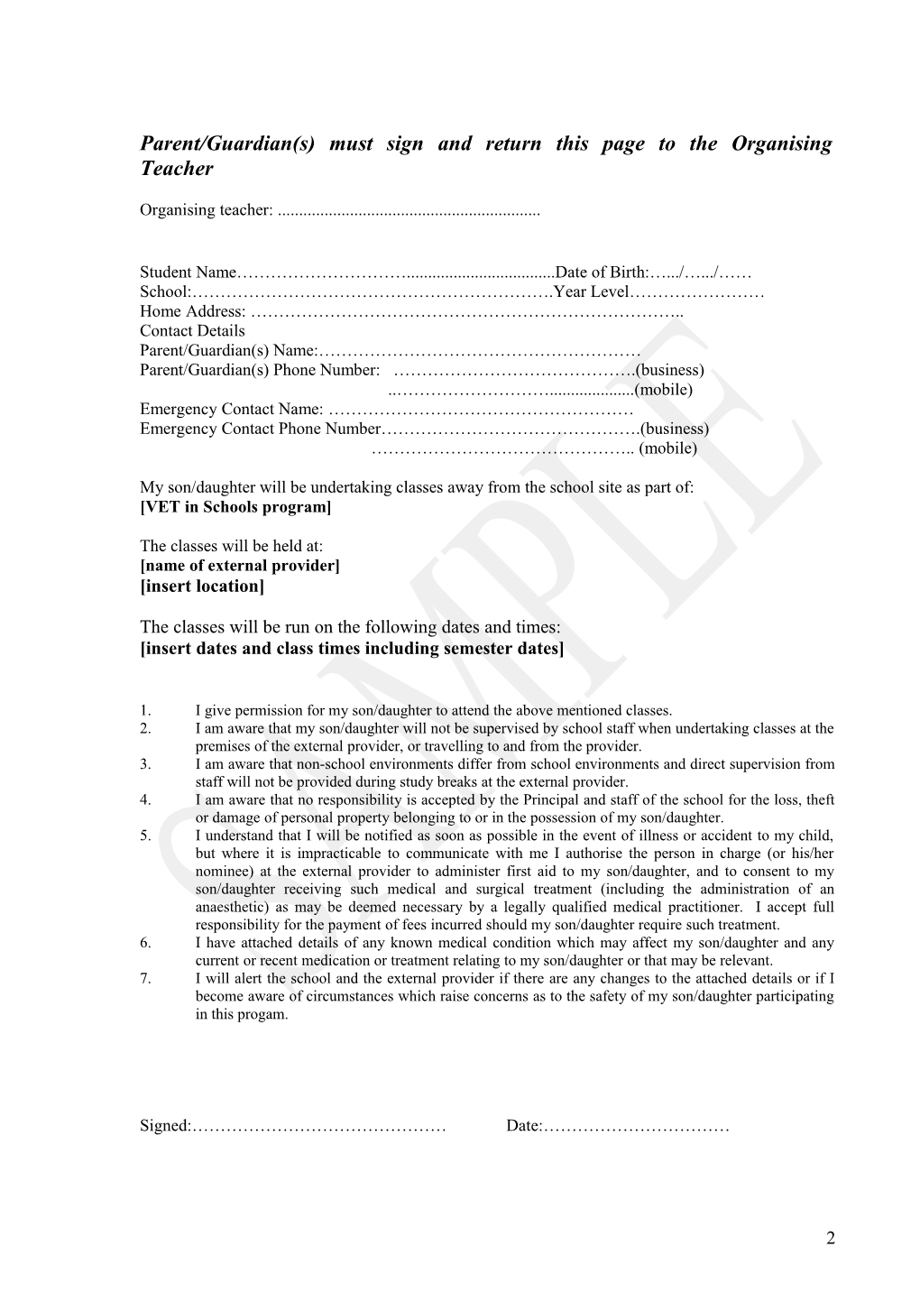 Parent Consent Form for Participation in a VET in Schools Program with an External Provider
